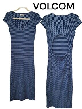 VOLCOM Possession Bodycon Striped Dress Cut-Out Back, M/12, Blue/Navy EUC